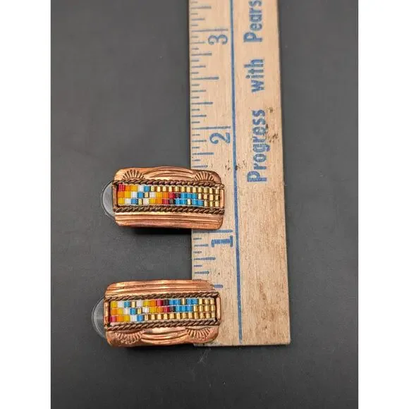 Vintage Navajo GW Stamped Copper Beaded Stud Earrings Southwestern Sunset Palett - Picture 5 of 6